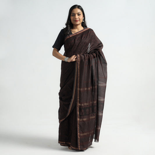 Brown - Bagh Hand Block Printed Natural Dyed Chanderi Silk Saree