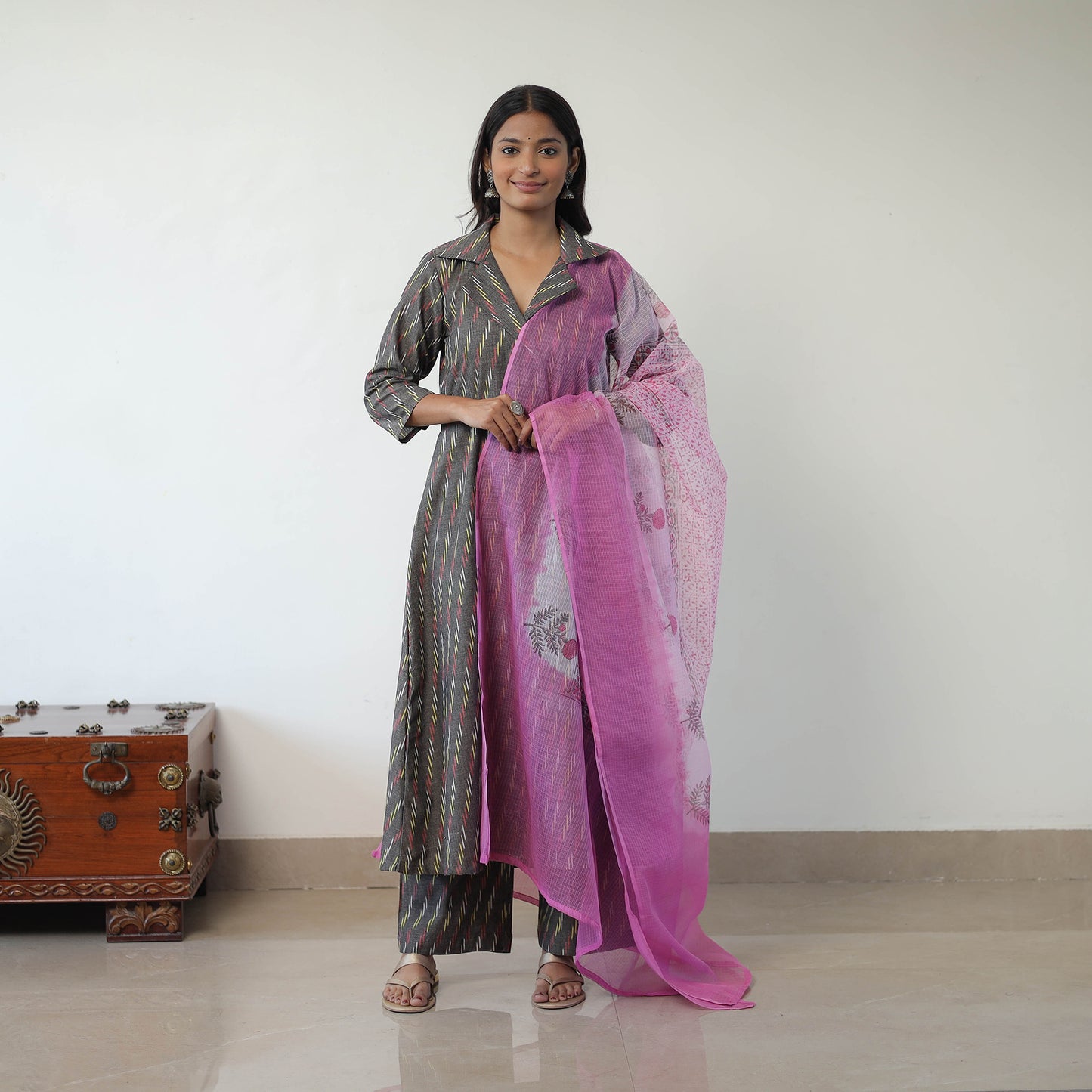 Grey - Handloom Cotton Pochampally Ikat Kurta Set with Dupatta 10