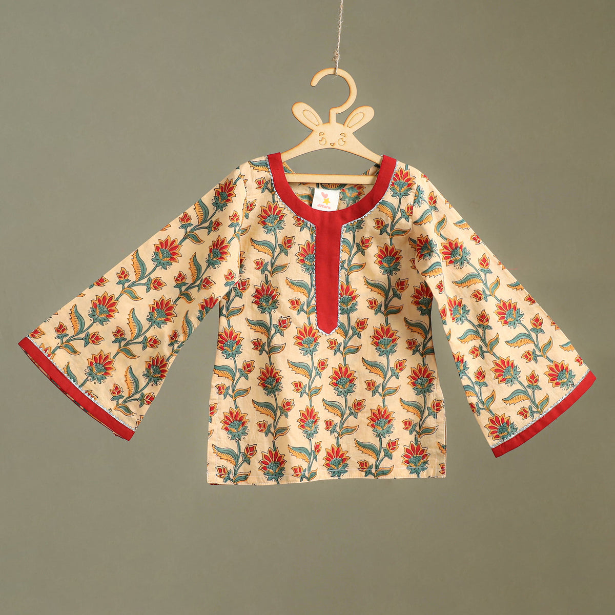 Girls Gota Work Floral Block Print Cotton Kurta with Sharara Set (3-4 Years) 17