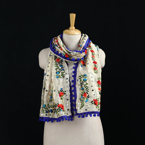 Ranihati Chanderi Silk Hand Embroidered Stole with Pom Pom 253
