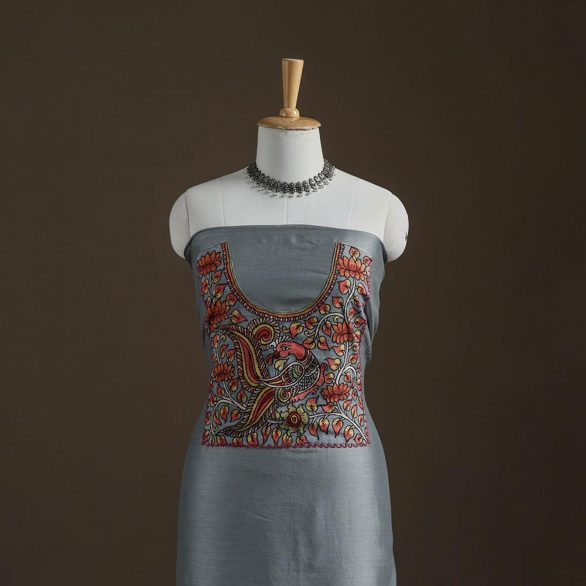 Grey - Handpainted Srikalahasti Handloom Chanderi Silk Unstitched Kurta (2.3M) 29