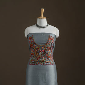 Grey - Handpainted Srikalahasti Handloom Chanderi Silk Unstitched Kurta (2.3M) 29