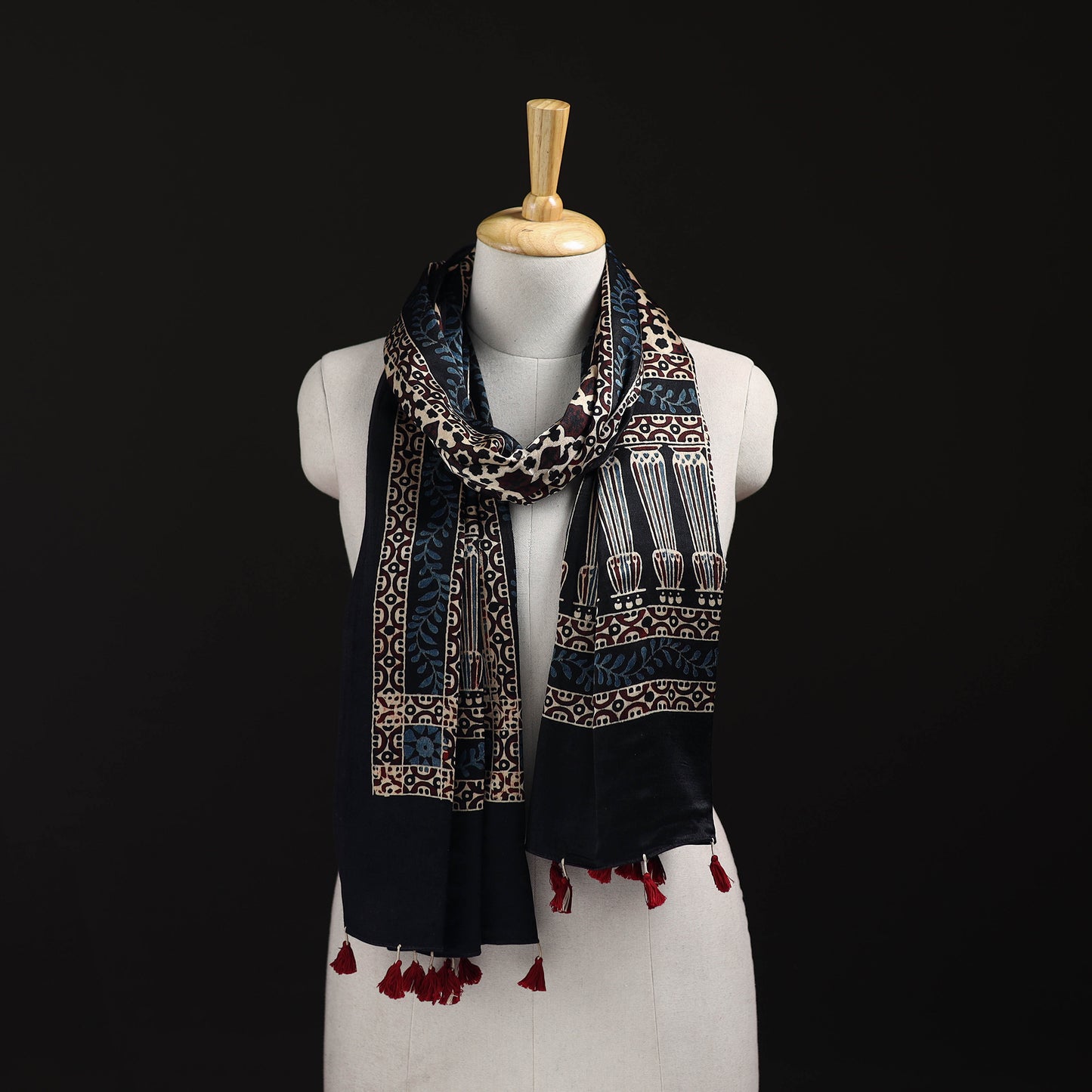 Ajrakh Hand Block Print Natural Dyed Mashru Silk Stole 12