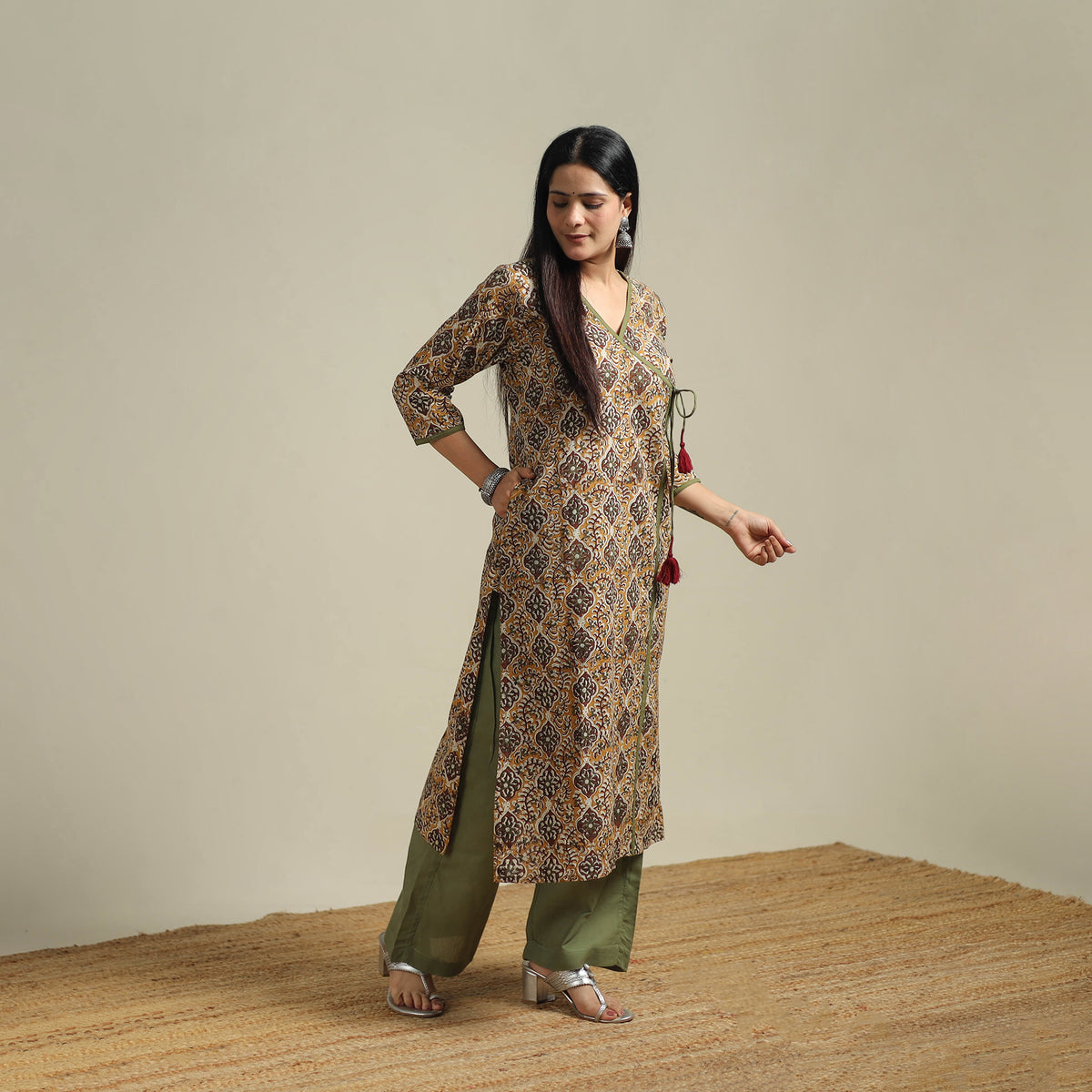 Yellow - Bagru Hand Block Print Natural Dyed Cotton Straight Kurta for women 01