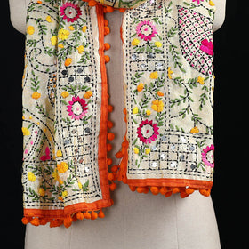 Ranihati Chanderi Silk Hand Embroidered Stole with Pom Pom 254