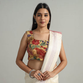 Yellow - Srikalahasti Handpainted Penwork Kalamkari Chanderi Silk Stitched Blouse 05