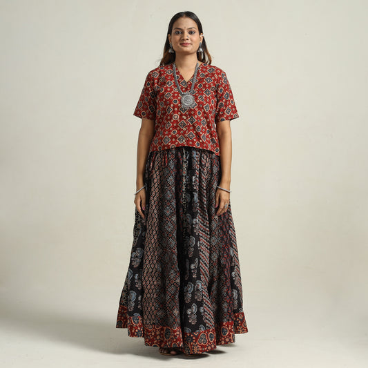 Ajrakh Block Printed 24 Kali Patchwork Cotton Long Skirt 51