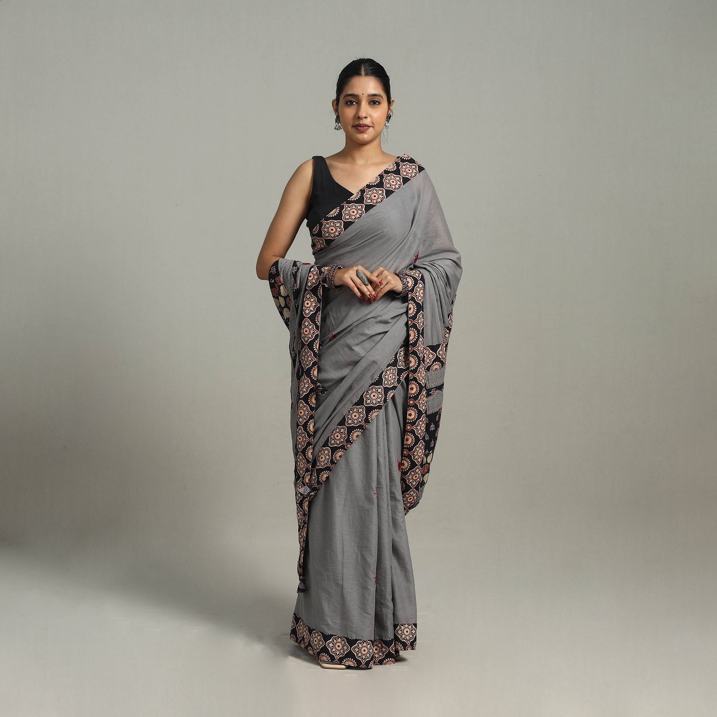 Grey - Applique Patchwork Mul Cotton Tagai Ajrakh Saree 13