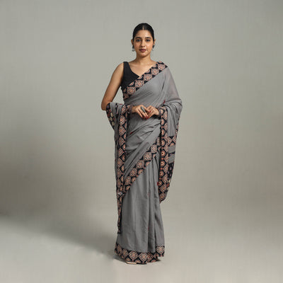 Grey - Applique Patchwork Mul Cotton Tagai Ajrakh Saree 13