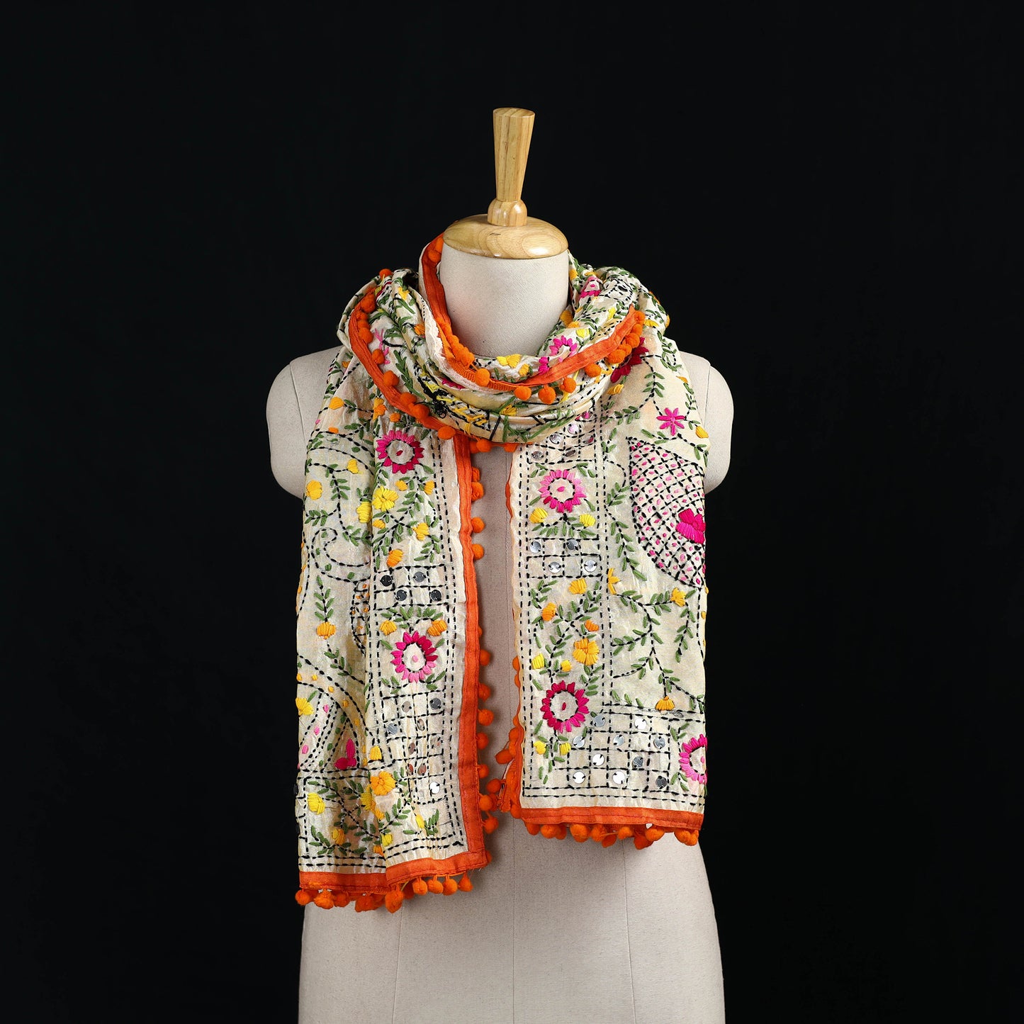 Ranihati Chanderi Silk Hand Embroidered Stole with Pom Pom 254