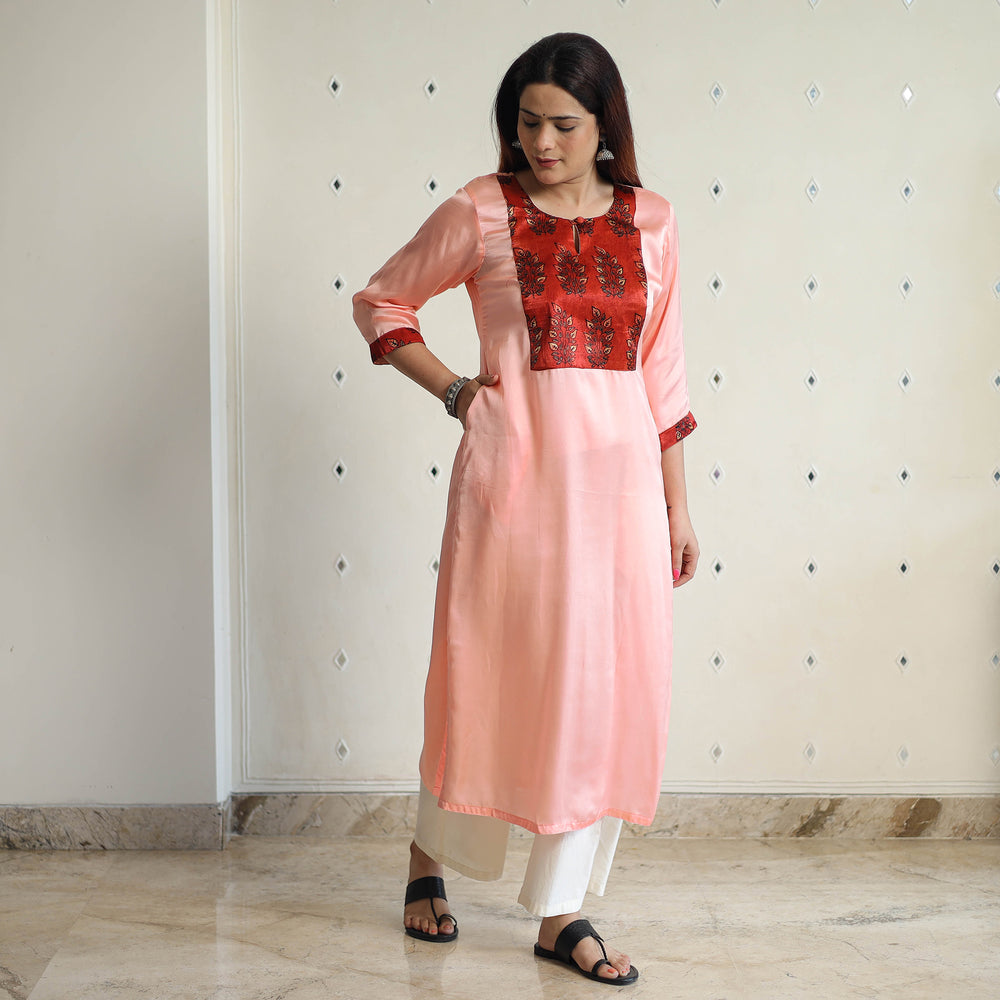 Peach - Modal Silk Plain Long Straight Kurta 08