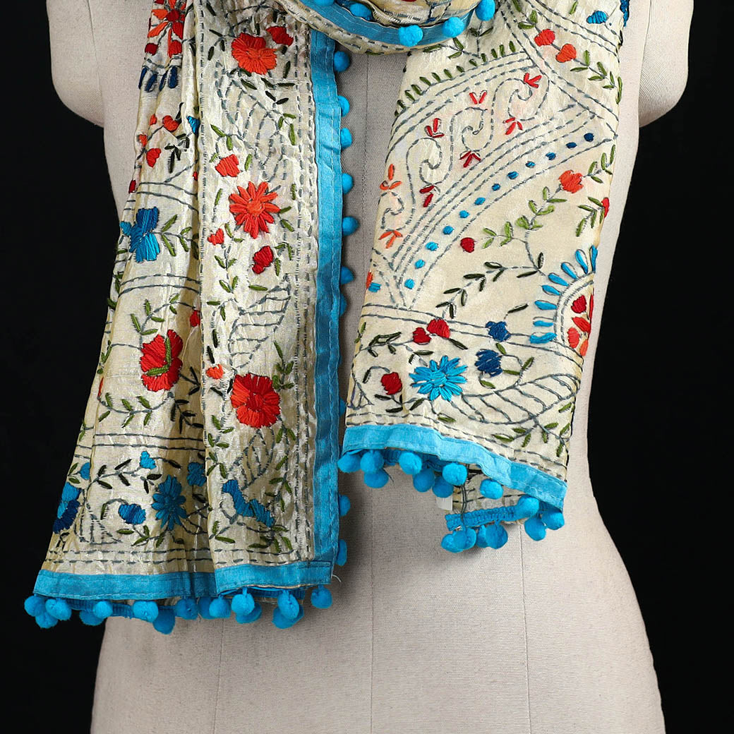 Ranihati Chanderi Silk Hand Embroidered Stole with Pom Pom 255