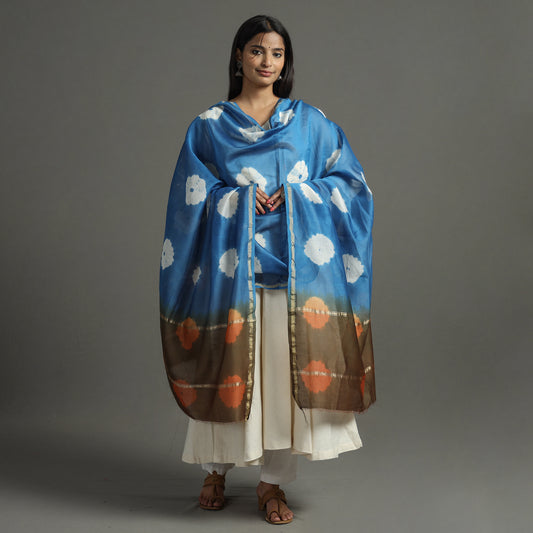 Blue - Shibori Tie-Dye Handloom Chanderi Silk Dupatta with Zari Border 69