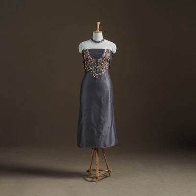 Grey - Handpainted Srikalahasti Handloom Chanderi Silk Unstitched Kurta (2.3M) 30