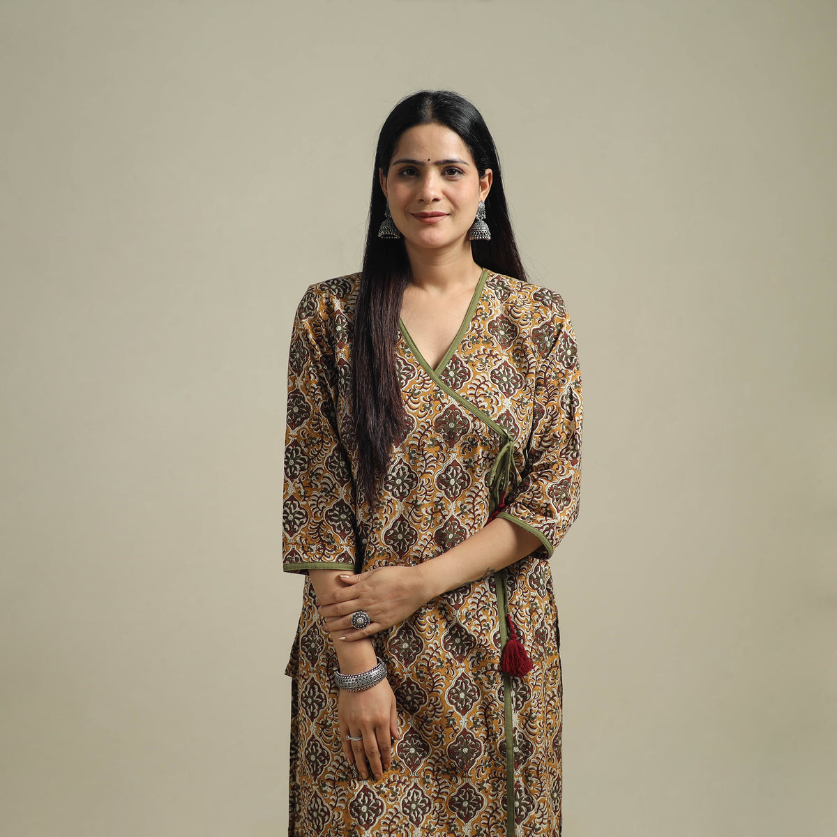 Yellow - Bagru Hand Block Print Natural Dyed Cotton Straight Kurta for women 01