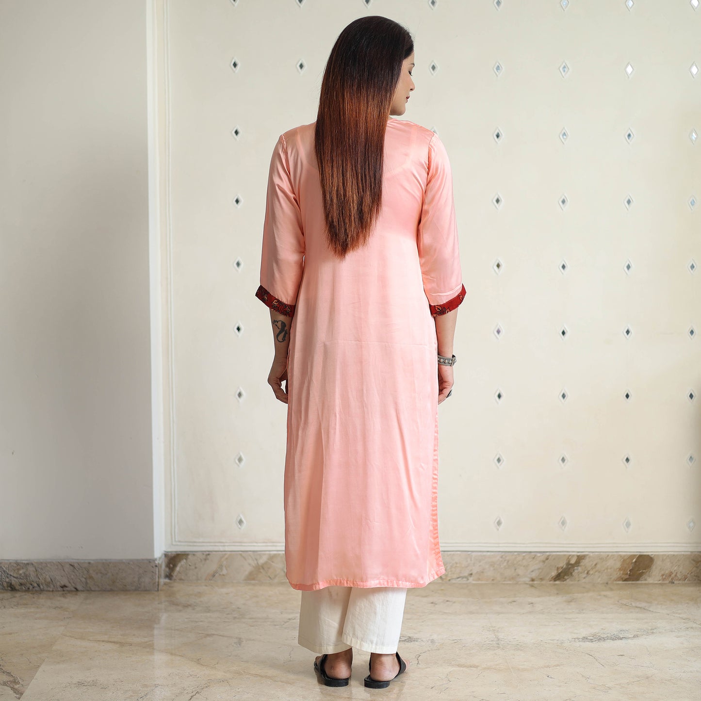 Peach - Modal Silk Plain Long Straight Kurta 08