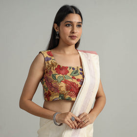 Yellow - Srikalahasti Handpainted Penwork Kalamkari Chanderi Silk Stitched Blouse 05