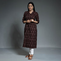 Dark Maroon - Pochampally Ikat Weave Cotton Long Straight Kurta 11