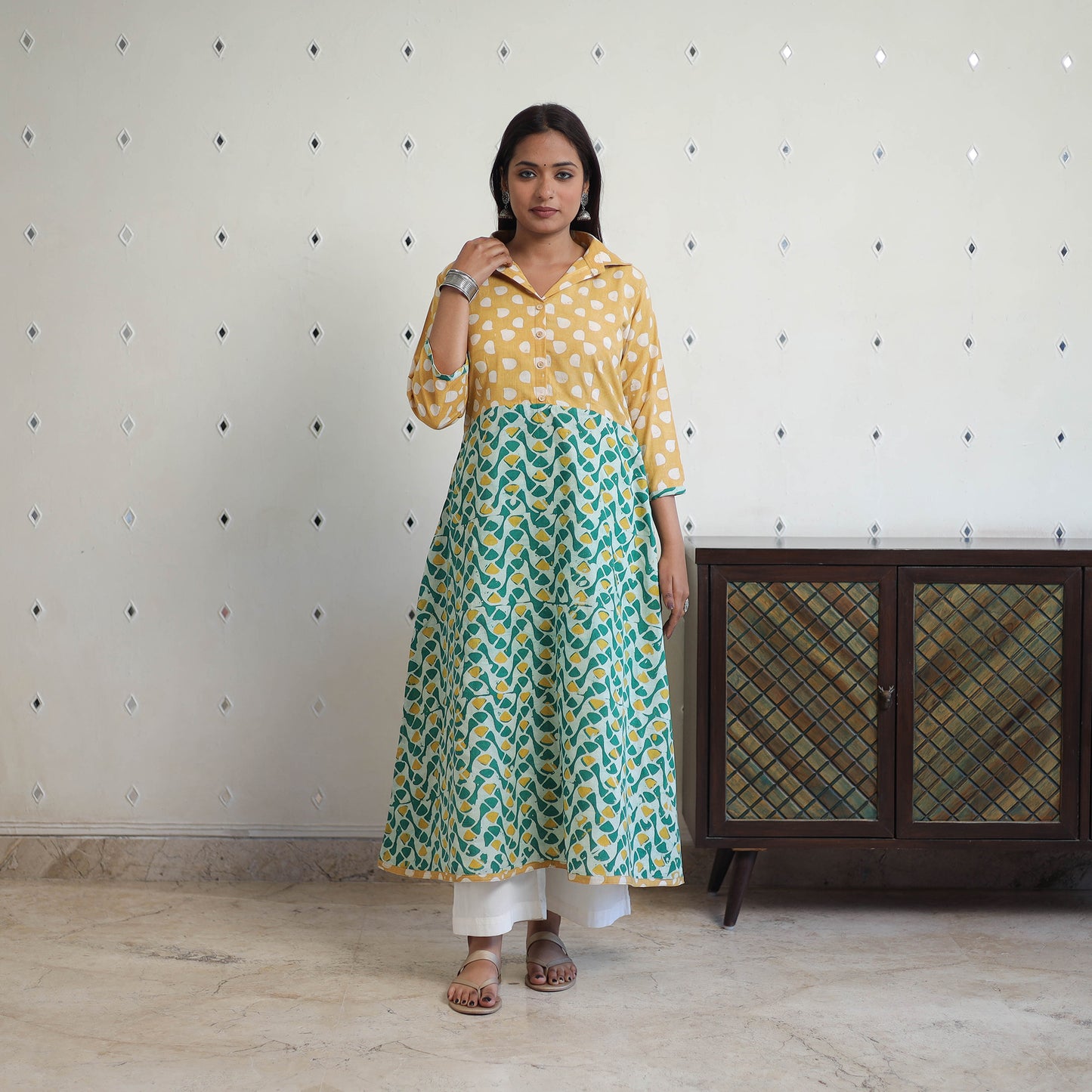 Yellow - Cotton A-Line Batik Print Kurta 03