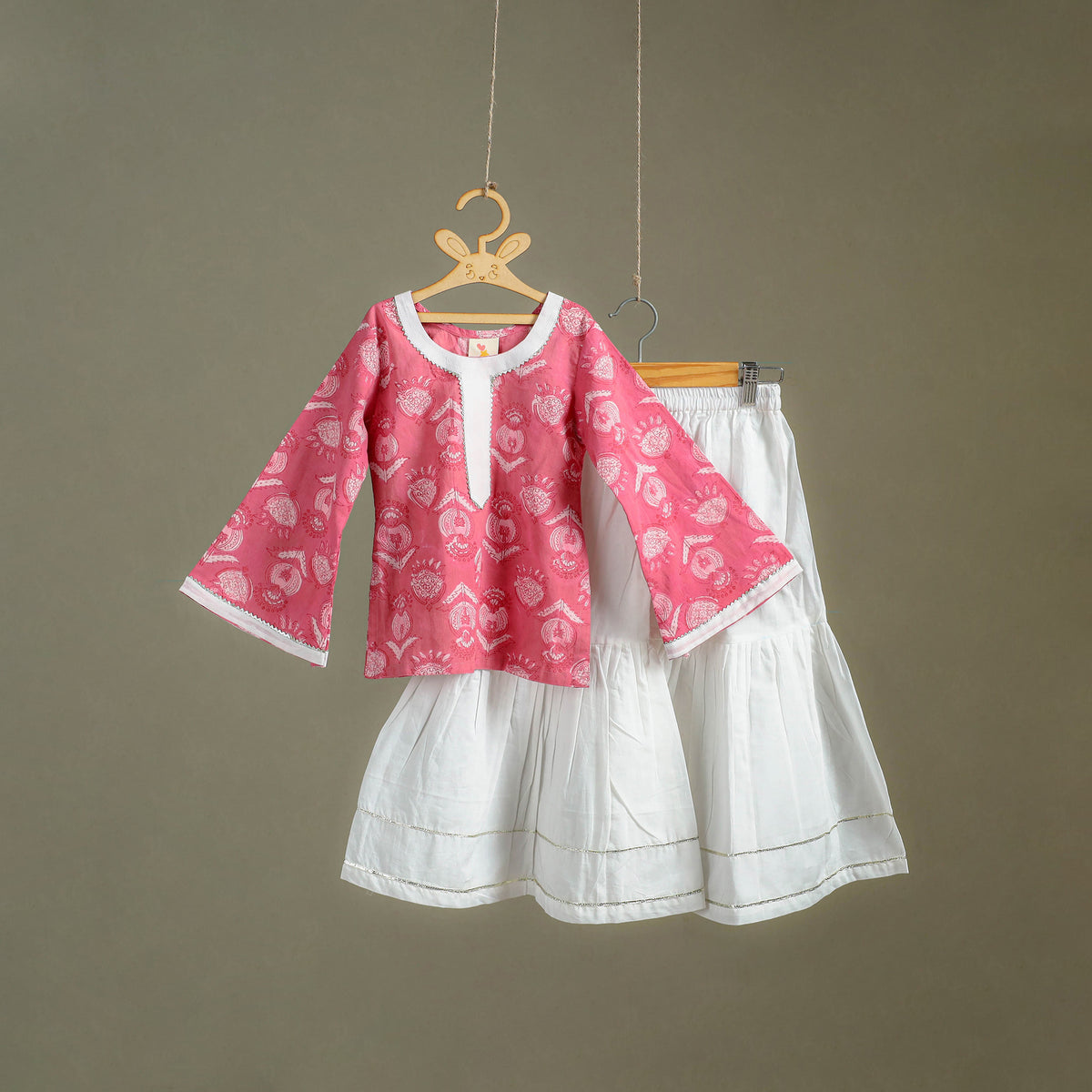 Girls Gota Work Floral Block Print Cotton Kurta with Sharara Set (3-4 Years) 16
