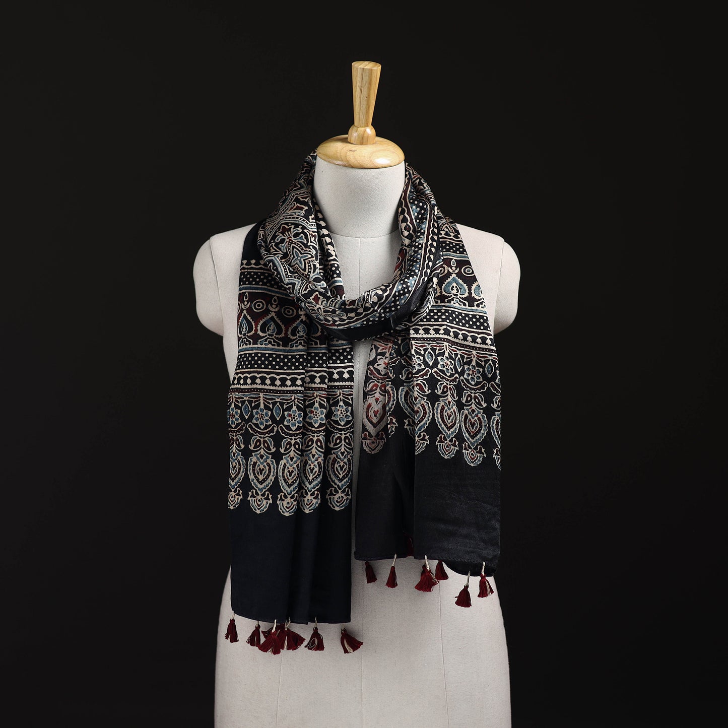 Ajrakh Hand Block Print Natural Dyed Mashru Silk Stole 15