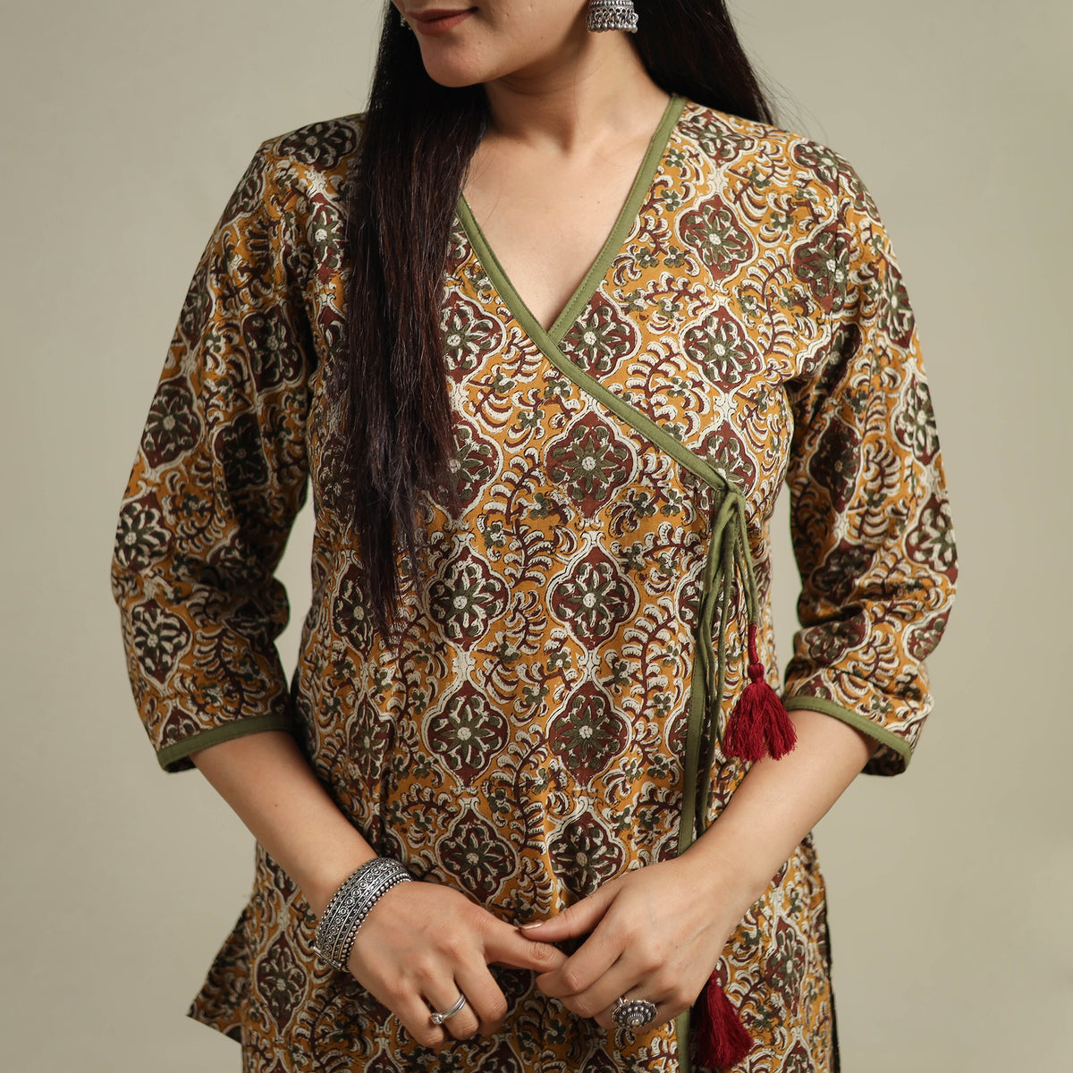 Yellow - Bagru Hand Block Print Natural Dyed Cotton Straight Kurta for women 01