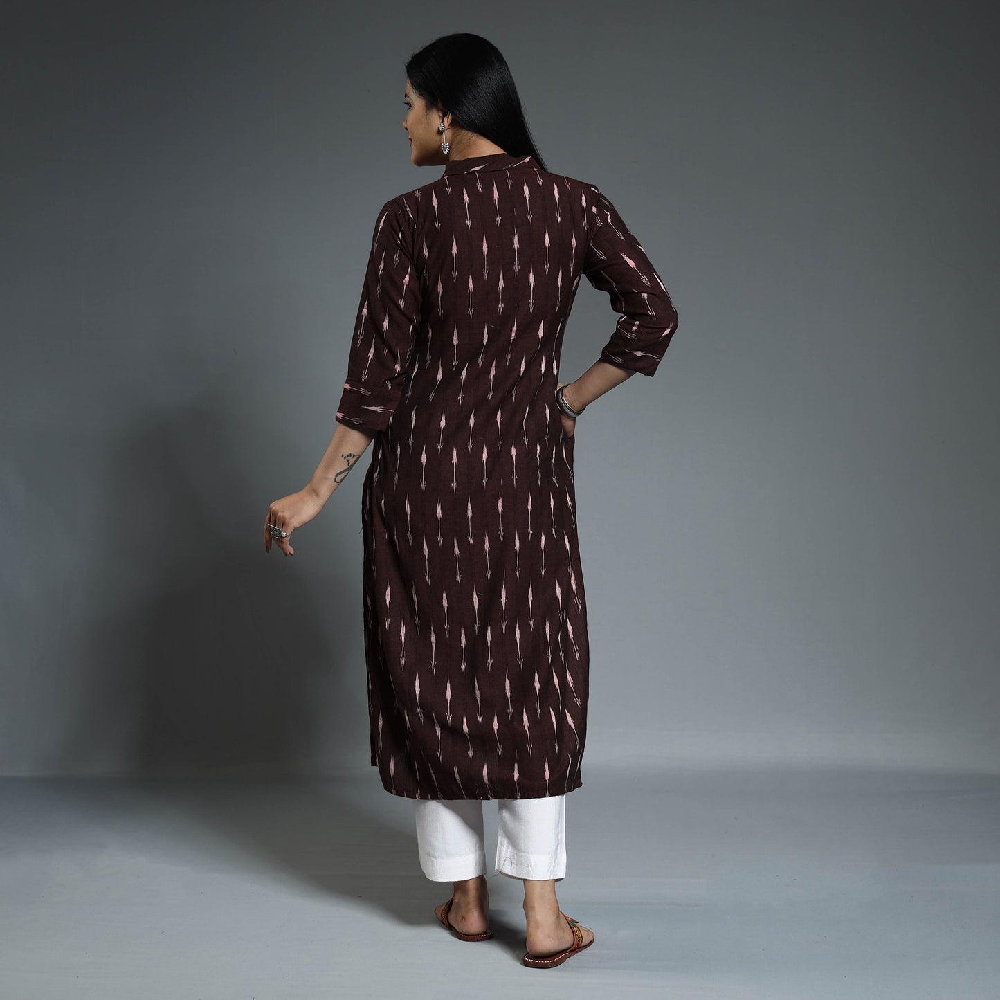 Dark Maroon - Pochampally Ikat Weave Cotton Long Straight Kurta 11