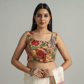 Yellow - Srikalahasti Handpainted Penwork Kalamkari Chanderi Silk Stitched Blouse 05