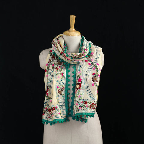 Ranihati Chanderi Silk Hand Embroidered Stole with Pom Pom 256