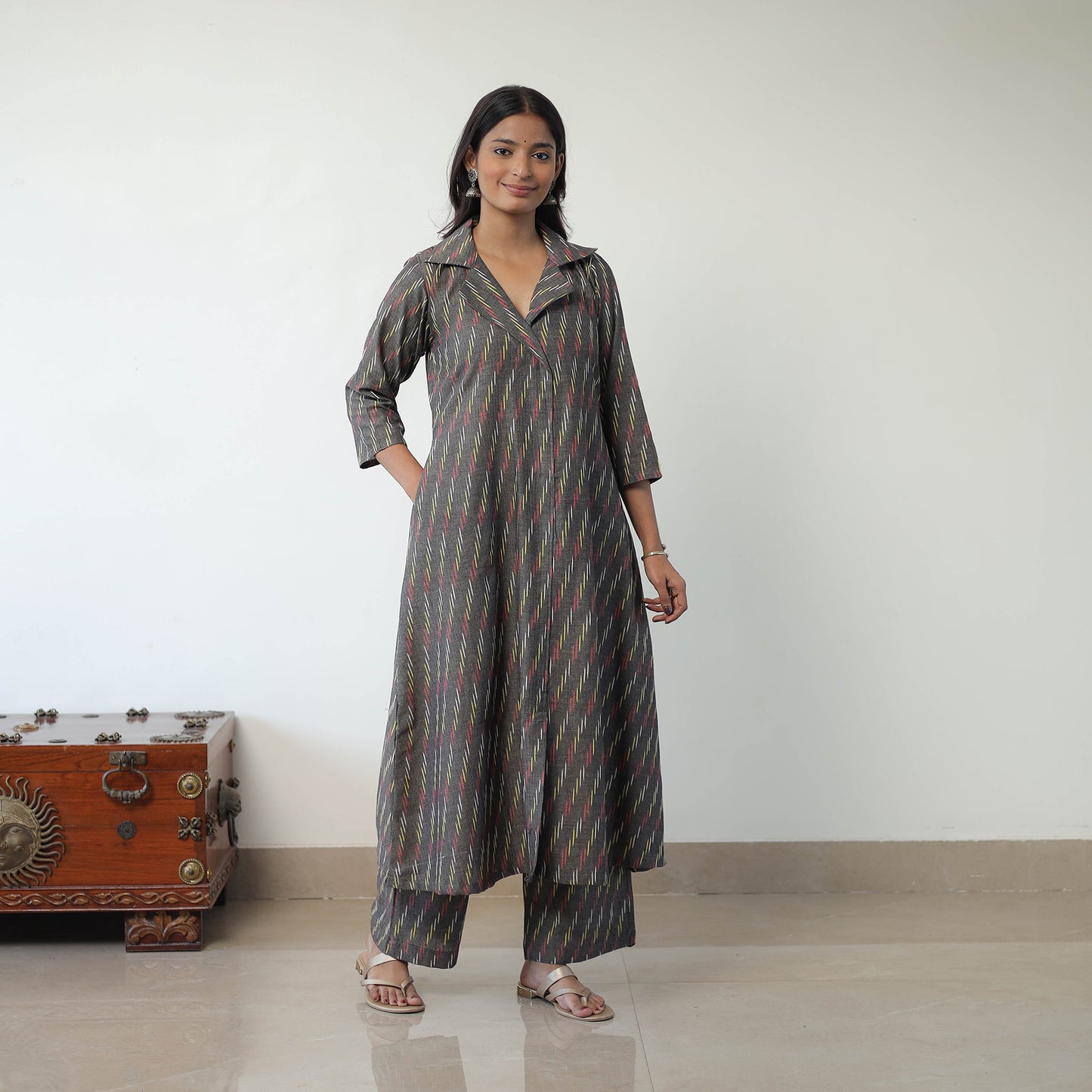 Grey - Handloom Cotton Pochampally Ikat Kurta Set with Dupatta 10