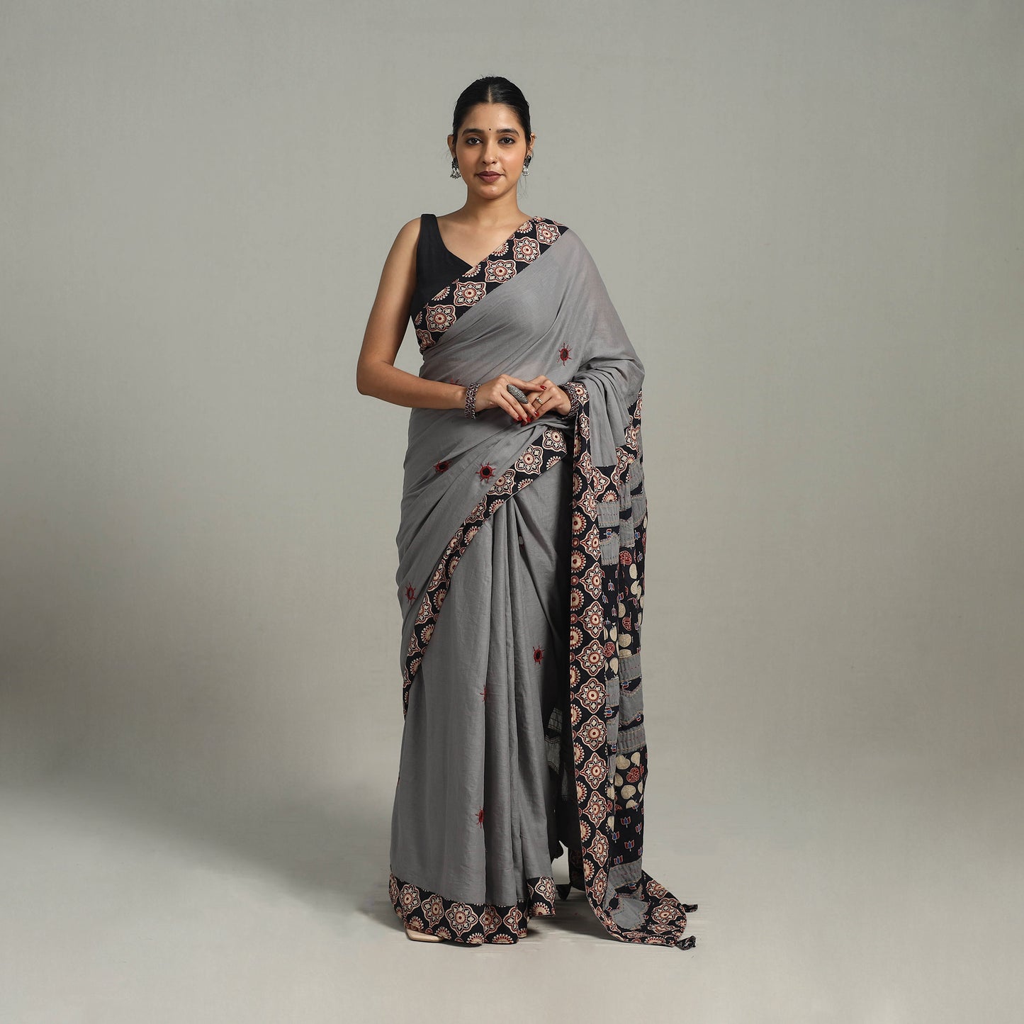 Grey - Applique Patchwork Mul Cotton Tagai Ajrakh Saree 13