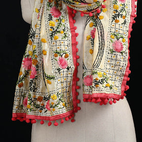 Ranihati Chanderi Silk Hand Embroidered Stole with Pom Pom 257