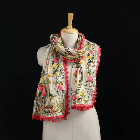 Ranihati Chanderi Silk Hand Embroidered Stole with Pom Pom 257
