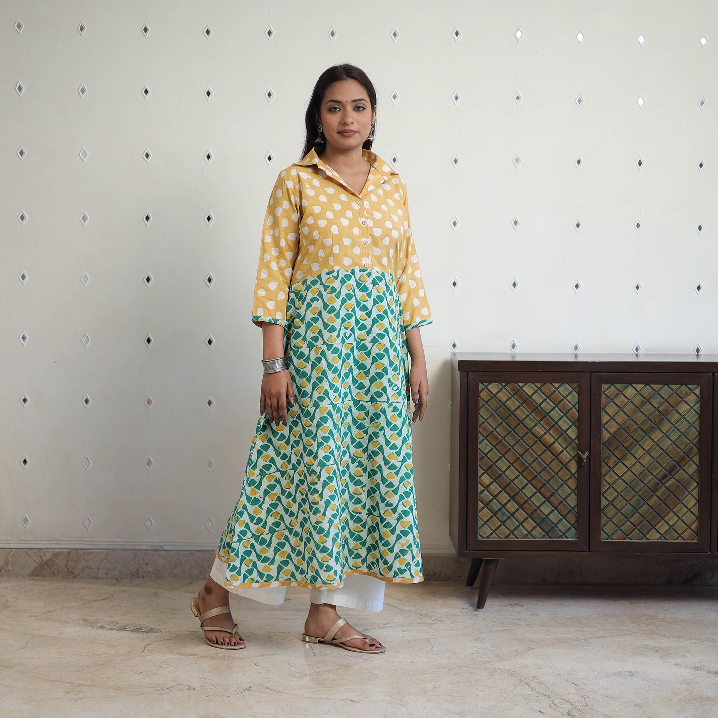 Yellow - Cotton A-Line Batik Print Kurta 03