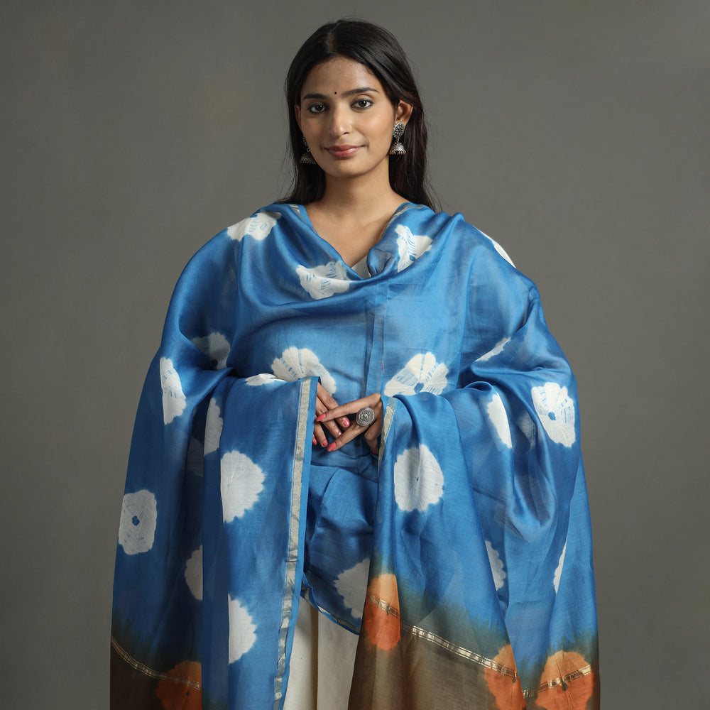 Blue - Shibori Tie-Dye Handloom Chanderi Silk Dupatta with Zari Border 69