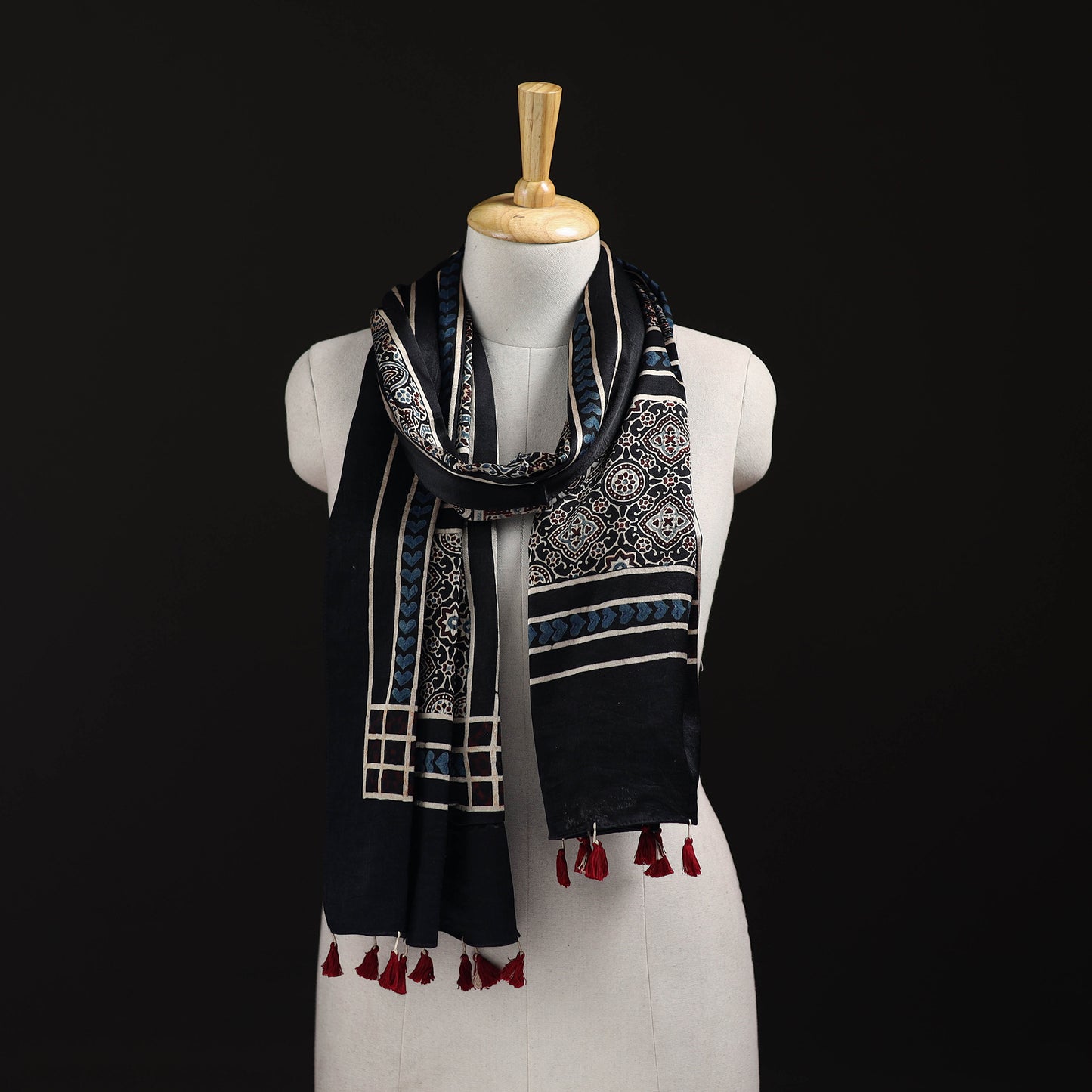Ajrakh Hand Block Print Natural Dyed Mashru Silk Stole 16