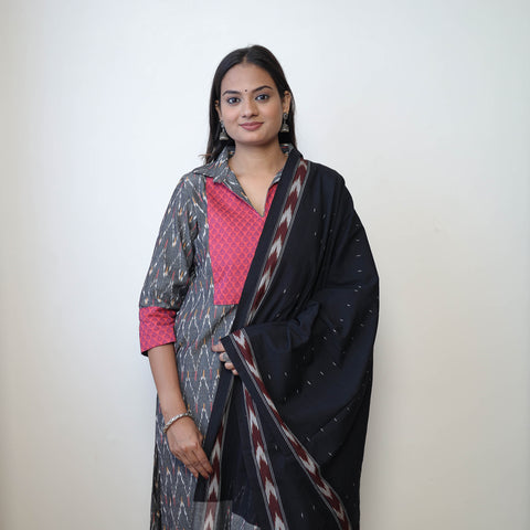 Grey - Handloom Cotton Pochampally Ikat Kurta Set 04