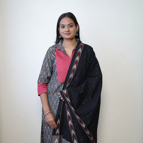 Grey - Handloom Cotton Pochampally Ikat Kurta Set 04