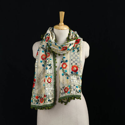 Ranihati Chanderi Silk Hand Embroidered Stole with Pom Pom 258