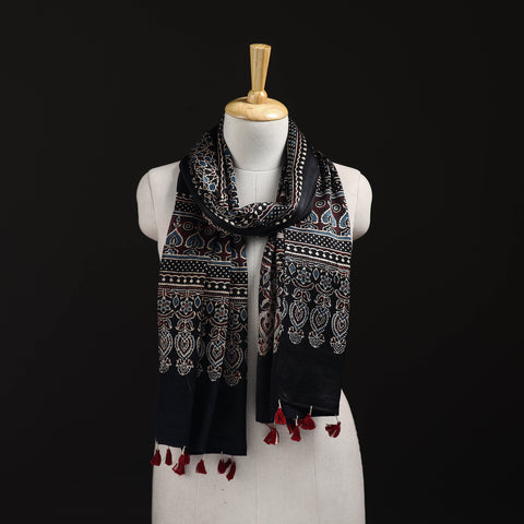 Ajrakh Hand Block Print Natural Dyed Mashru Silk Stole 17