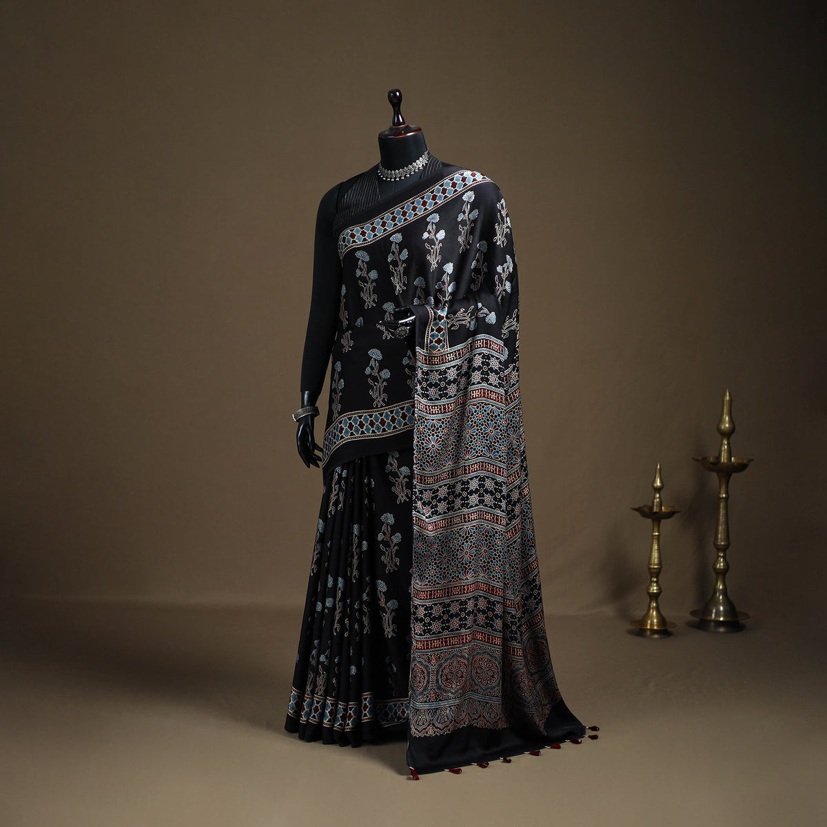 Ajrakh Hand Block Print Natural Dyed Modal Silk Saree 08