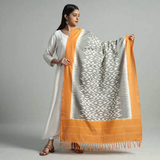 Yellow - Pochampally Ikat Handloom Cotton Dupatta with Tassels 12