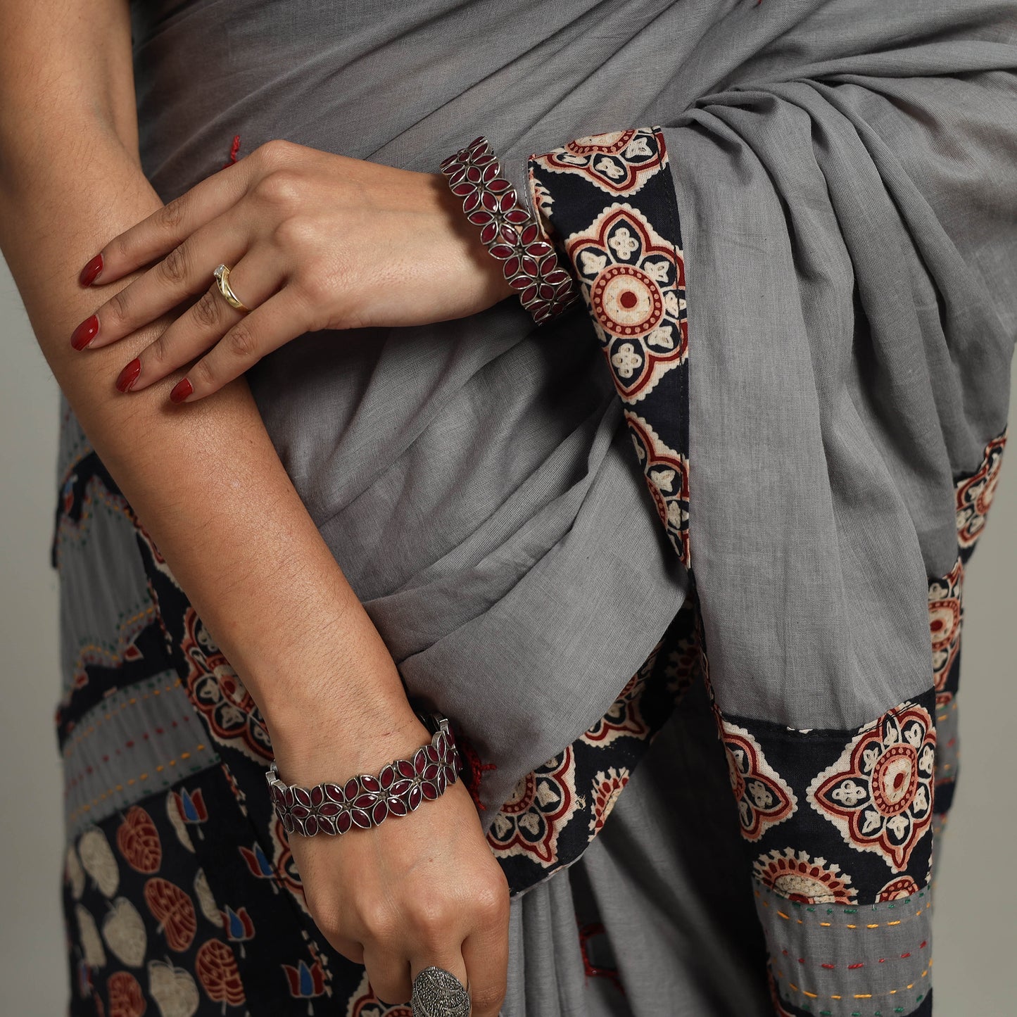 Grey - Applique Patchwork Mul Cotton Tagai Ajrakh Saree 13