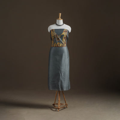 Grey - Handpainted Srikalahasti Handloom Chanderi Silk Unstitched Kurta (2.3M) 31