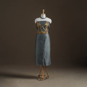 Grey - Handpainted Srikalahasti Handloom Chanderi Silk Unstitched Kurta (2.3M) 31