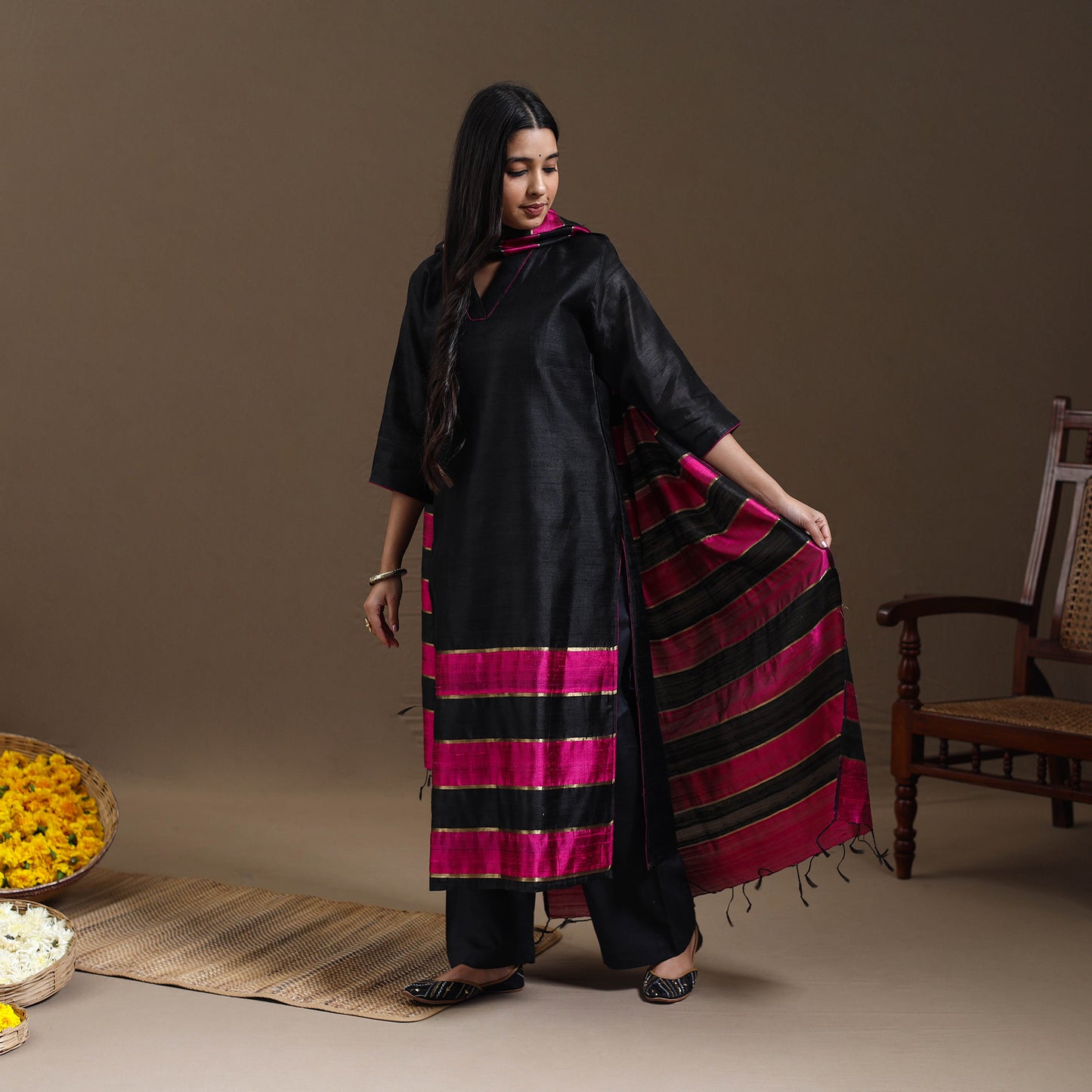 Black Bhagalpuri Handloom Tussar Silk Suit Set