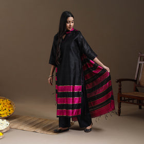 Black Bhagalpuri Handloom Tussar Silk Suit Set