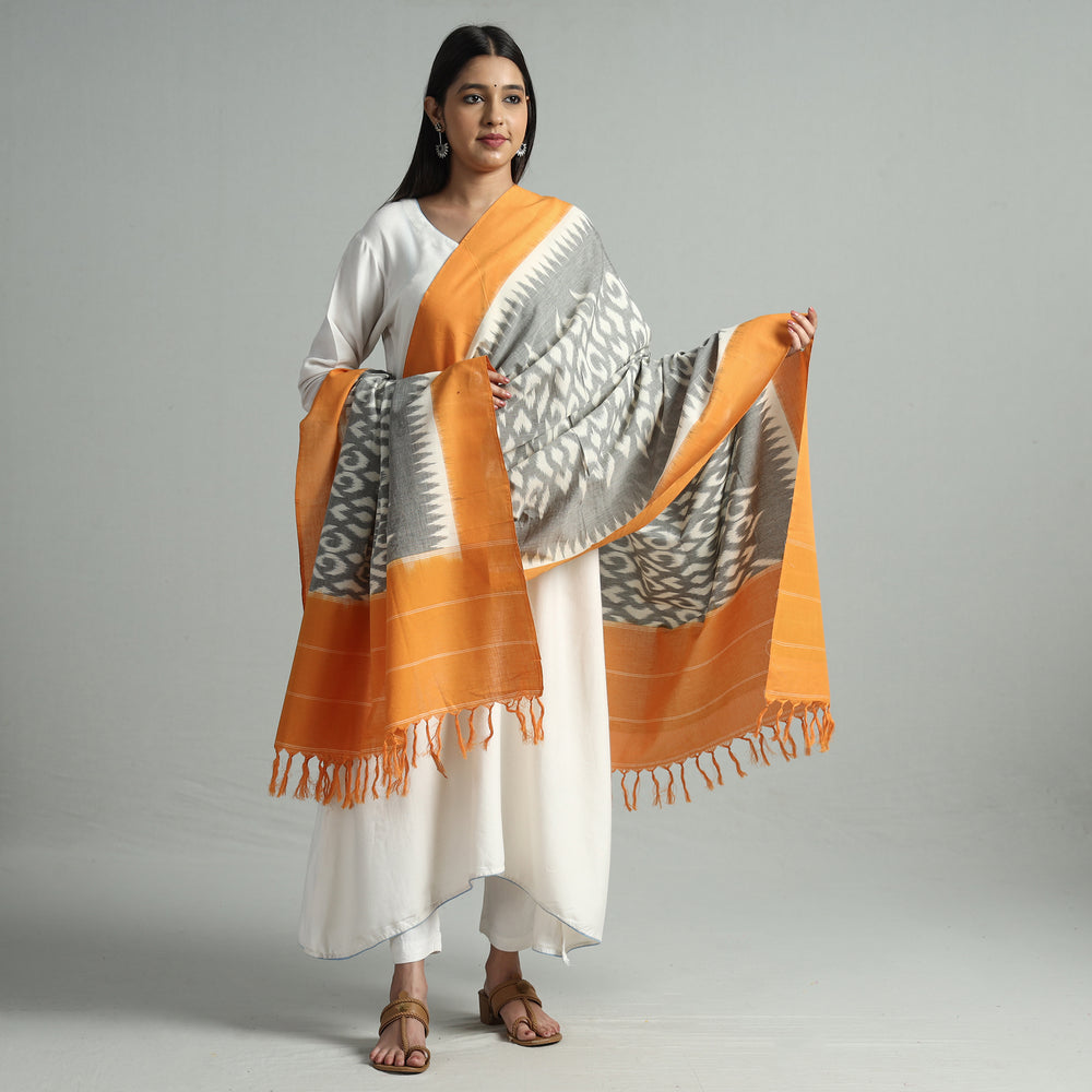 Yellow - Pochampally Ikat Handloom Cotton Dupatta with Tassels 12