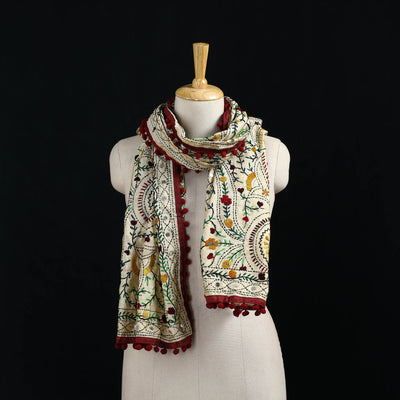 Ranihati Chanderi Silk Hand Embroidered Stole with Pom Pom 259