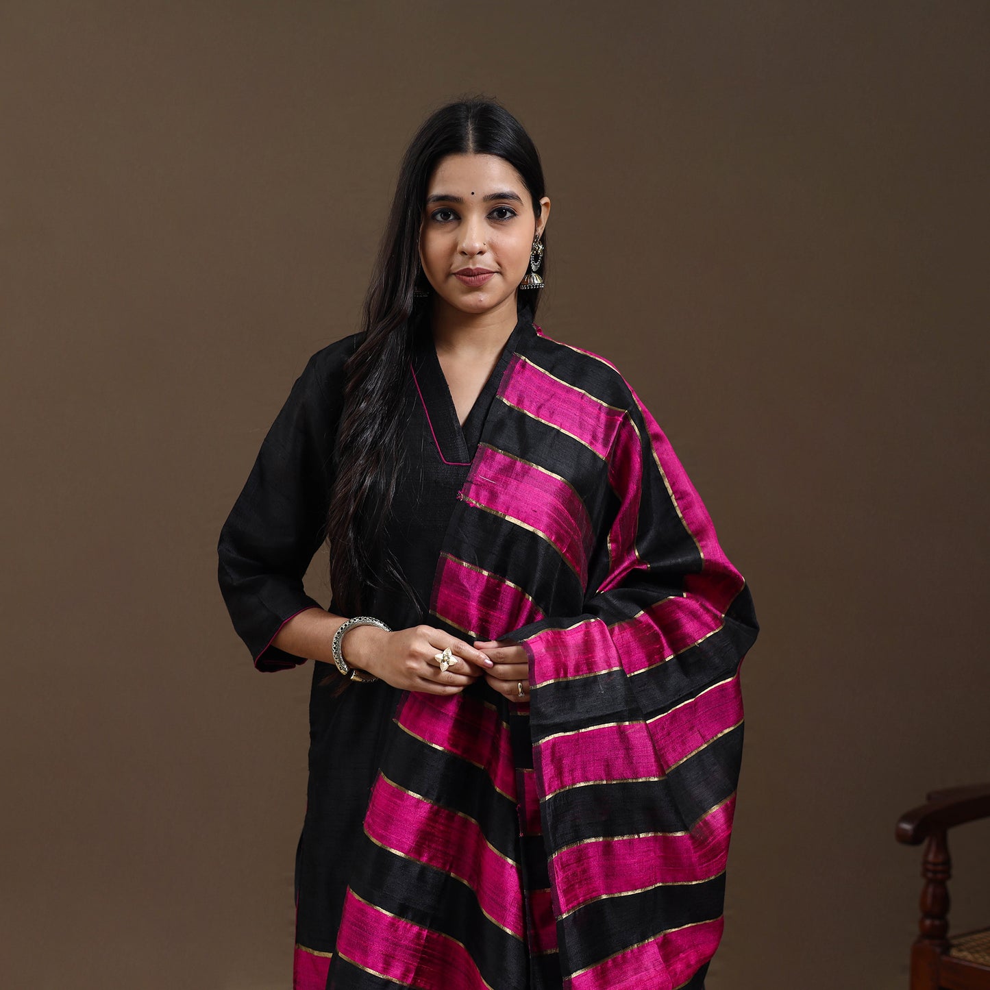 Black Bhagalpuri Handloom Tussar Silk Suit Set